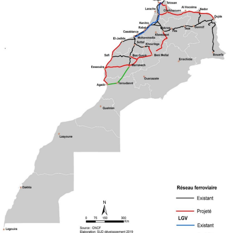 Réseau ferroviaire du Maroc ONCF _ lignes existantes et projetées
